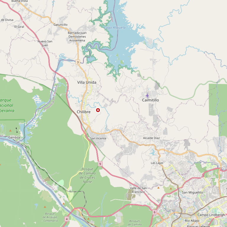 Mapa: Ubicación del centroide de Chilibre sobre el corredor de la Transístmica, junto al lago Alajuela y el Parque Nacional Soberanía.