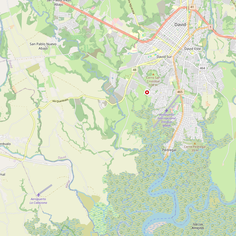 Mapa: Ubicación del centroide de David Sur sobre la trama urbana de David.